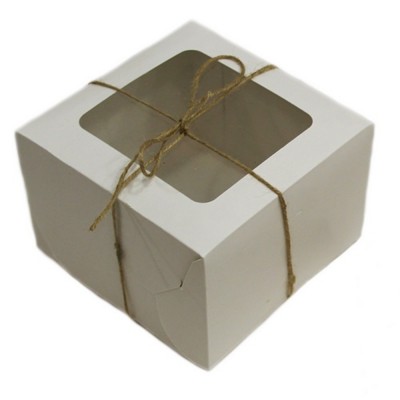 Коробка для бенто торта 160x160x110 белая с окном квадратным