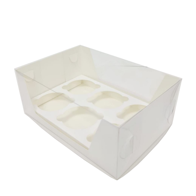 Коробка с пластиковой крышкой и вставкой для 6 капкейков белая